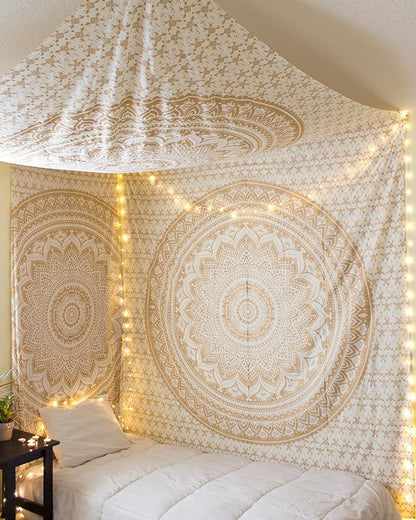 raajsee Gold Mandala Tapestry Bedroom Aesthetic - Indie Wall Tapestries Hippie Room Decor - Boho White Trippy Wall Hanging - Golden Mandalas Wall Art 52x82 inches