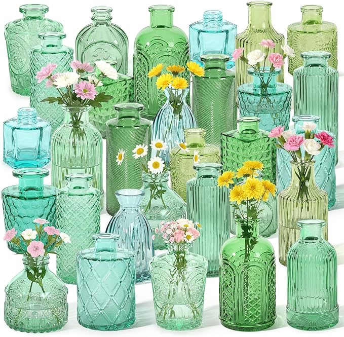 Set of 30 Green Colored Glass Bud Vases - Small Textured Flower Vases for Centerpieces, Wedding Table Decor, Retro Home Decor Bulk Vase Set for DIY, Events & Gifts