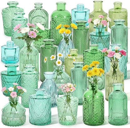 Set of 30 Green Colored Glass Bud Vases - Small Textured Flower Vases for Centerpieces, Wedding Table Decor, Retro Home Decor Bulk Vase Set for DIY, Events & Gifts