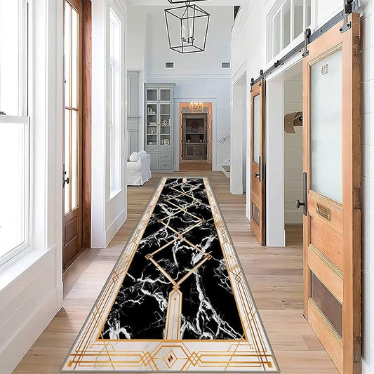 Abstract Marble Texture Throw Carpet Runner for Entrance, 2x8ft, Luxury Gold Geometric Line Bedroom Rug, Dirty Resistant Absorbent Bathroom Decor Washable Area Carpet for Office