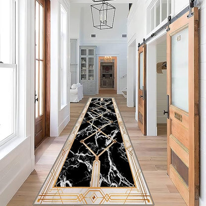Abstract Marble Texture Throw Carpet Runner for Entrance, 3.3x7ft, Luxury Gold Geometric Line Bedroom Rug, Dirty Resistant Absorbent Bathroom Decor Washable Area Carpet for Office