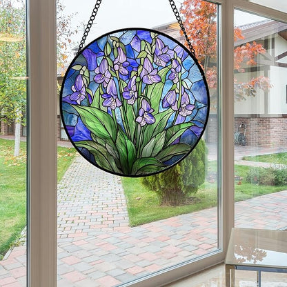 Stained Glass Suncatcher, Blue Purple Flowers Green Leaves Sun Catcher Plants Stain Glass Window Hanging Decoration Mother's Day Birthday Gifts for Women Men Mom and Nana 9.8 in