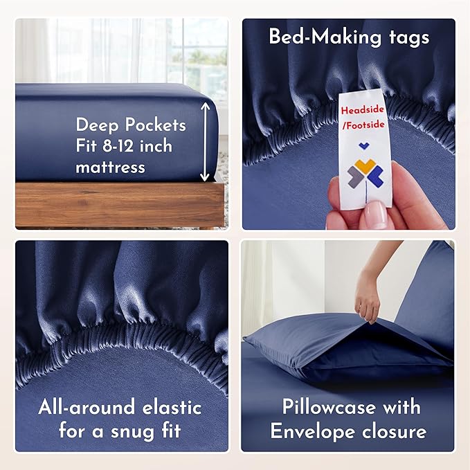 California Design Den Twin Bed Sheets Set - Natural 100% Cotton Sheets with Deep Pockets, Soft Sateen Weave, Breathable and Durable Bedding Set for Dorm Rooms, College (Navy Blue)