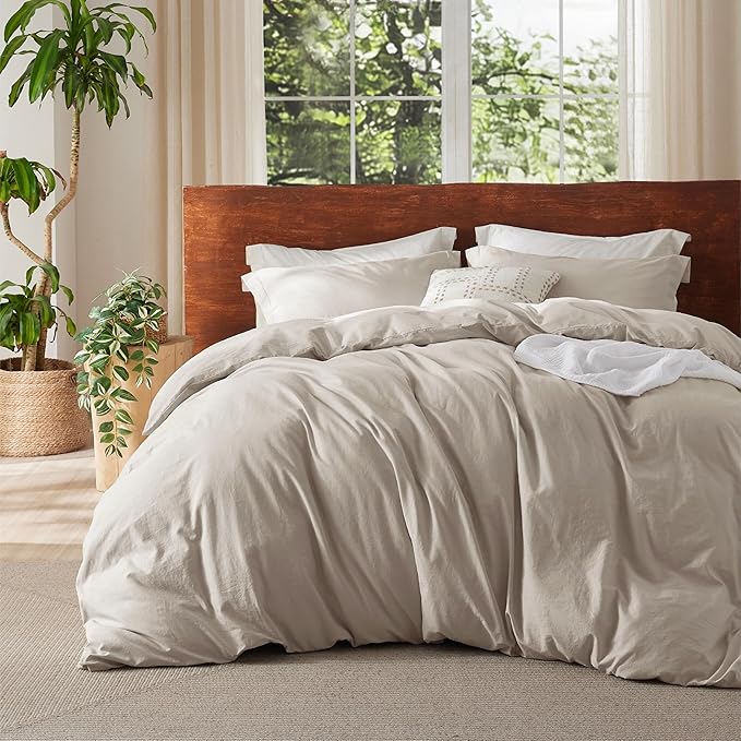 Bedsure 100% Washed Cotton Duvet Cover Oversized King - Linen Color Minimalist Cotton Duvet Cover Linen Like - GentleSoft™ Plain Simple Bedding (Oversized King, 120"x98")