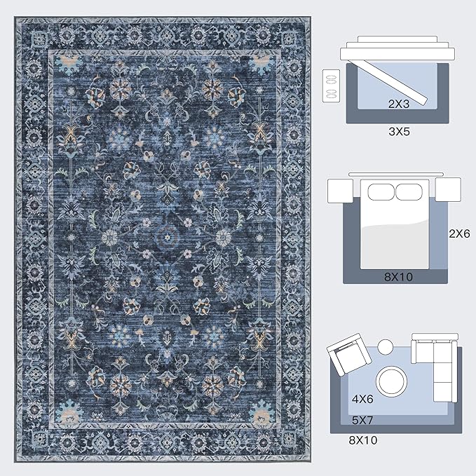 Tangsoo Washable Area Rugs 3x5 Non Slip, Boho Distressed Vintage Blue Floral Throw Rug for Bedroom Entryway, Soft Low Pile Floor Carpet Indoor Mat for Entrance Bedside Kitchen Nursery Office Farmhouse