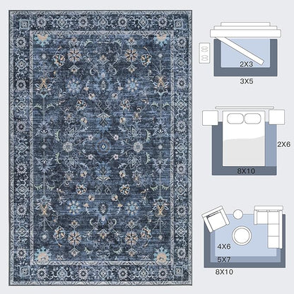 Tangsoo Washable Area Rugs 3x5 Non Slip, Boho Distressed Vintage Blue Floral Throw Rug for Bedroom Entryway, Soft Low Pile Floor Carpet Indoor Mat for Entrance Bedside Kitchen Nursery Office Farmhouse