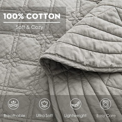 CHIXIN Cotton Bedspread Full Size - Real Stitching - Luxury Quilted Bedding Cover for All Season, Reversible, Ultra Soft, Lightweight, 3 Piece, Grey