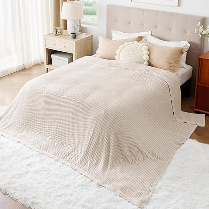 Bedsure Gentlesoft 100% Cotton Large Blanket Oversized King for Bed - Breathable Thick Waffle Weave Blanket for Summer, Couch Cover, Light Beige, 120x94 inches