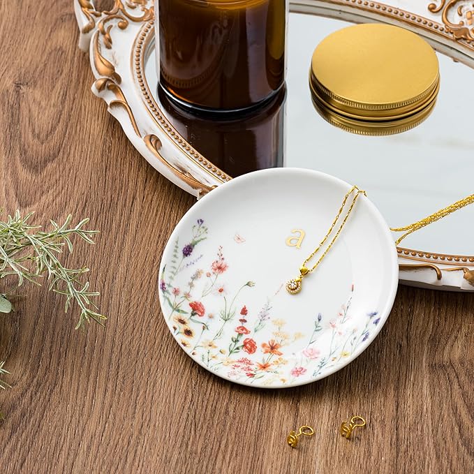 Crisky Initial Jewelry Tray Ring Dish & Gift Box, Ceramic Flower Trinket Dish for Rings Earrings Necklaces Keys, Bridal Shower Engagement Birthday Gift for Women, Friends 4.57" (Gold Foil A