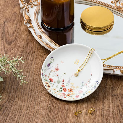 Crisky Initial Jewelry Tray Ring Dish & Gift Box, Ceramic Flower Trinket Dish for Rings Earrings Necklaces Keys, Bridal Shower Engagement Birthday Gift for Women, Friends 4.57" (Gold Foil A