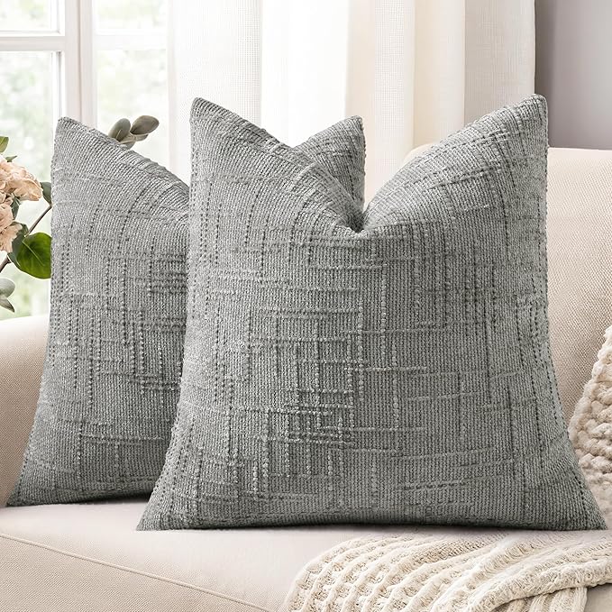 decorUhome Neutral Grey Chenille Throw Pillow Covers 18x18 Set of 2 Textured Slubby Couch Pillow Covers Farmhouse Accent Modern Neutral Decorative Pillow Cases for Bed Sofa Living Room