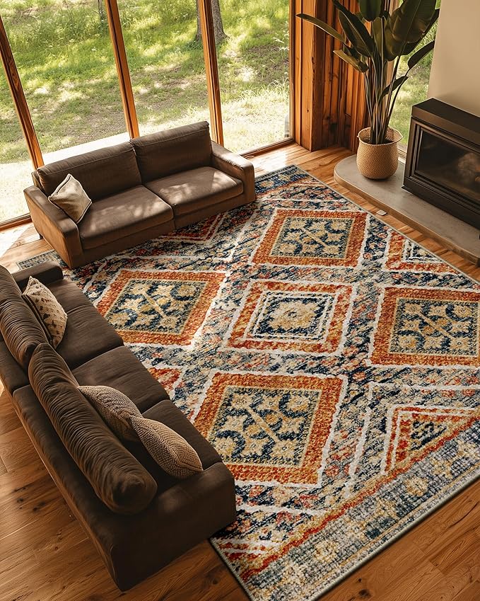 Area Rug 9x12 Rug Machine Washable Non-Slip Low Pile Print Pattern Fall Western Rug for Living Room Bedroom Entryway Tribal Series -Orange/Brown