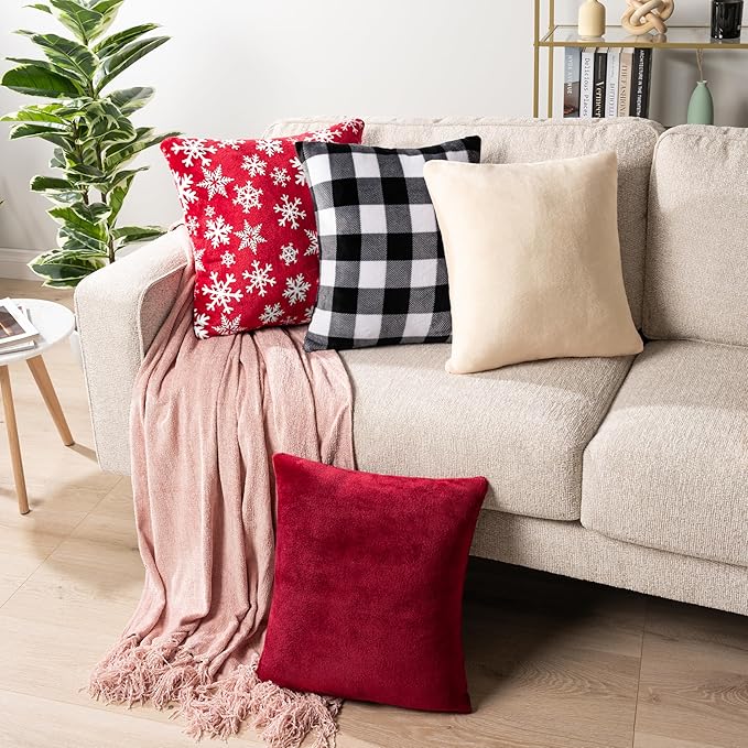 PAVILIA Checker Plaid Throw Pillow Covers 18x18 Set of 2, Decorative Pillow Cases Bed Sofa Couch, Boho Aesthetic Accent Decor Cushion Bedroom Living Room, Velvet Square Euro Sham Covers, Black White