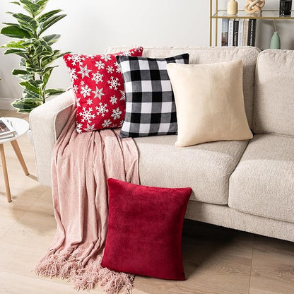 PAVILIA Holiday Throw Pillow Covers 18x18 Set of 2, Decorative Pillow Cases Bed Sofa Couch, Christmas Winter Accent Decor Cushion Bedroom Living Room, Velvet Square Euro Sham Covers, Snowflake Red