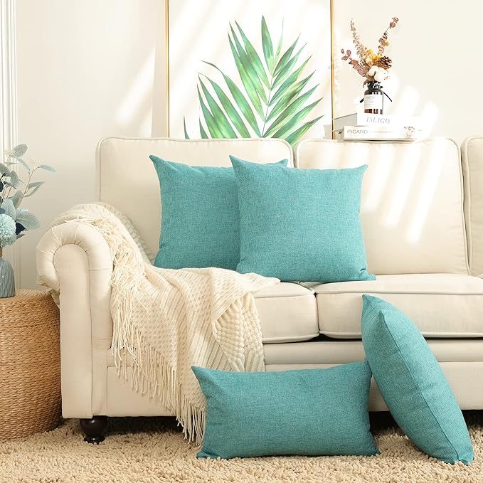 Stellhome Burlap Large Throw Pillow Covers Textured Farmhouse Linen Pillowcase for Bed Couch Sofa Bench Rustic Pillows Neutral Accent Cushion Cases Set of 2, 24 x 24 inch (60 x 60 cm), Blue Green