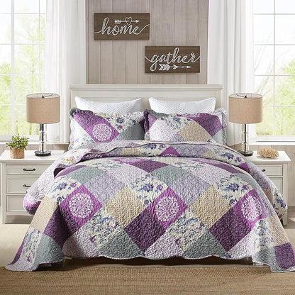 HoneiLife Quilt Set King Size - 3 Piece Microfiber Quilts Reversible Bedspreads Patchwork Coverlets Floral Bedding Set All Season Quilts- Late Spring,King