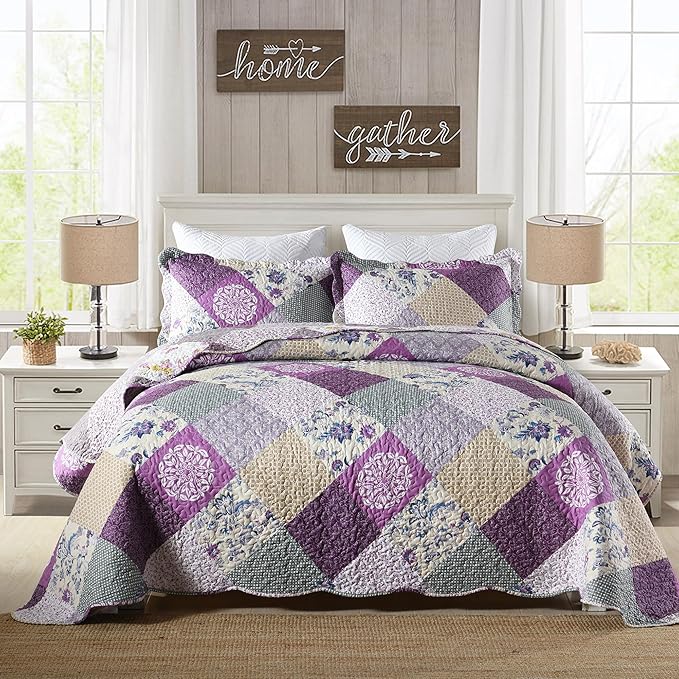 HoneiLife Quilt Set Queen Size - 3 Piece Microfiber Quilts Reversible Bedspreads Patchwork Coverlets Floral Bedding Set All Season Quilts- Late Spring,Queen/Full Size