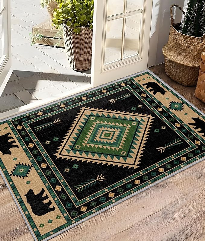 Southwestern Rug 6x8 - Native American Bear Cabin Area Rugs for Living Room Bedroom, Rustic Farmhouse Machine Washable | Non-Slip | Soft Large Carpets, Aztec Home Decor (Green Tan Black)
