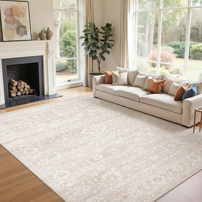 9x12 Area Rug for Living Room, Stain Resistant Neutral Washable Rugs for Dining Room, Bedroom, Floral Vintage Non-Slip Extra Large Beige Rug