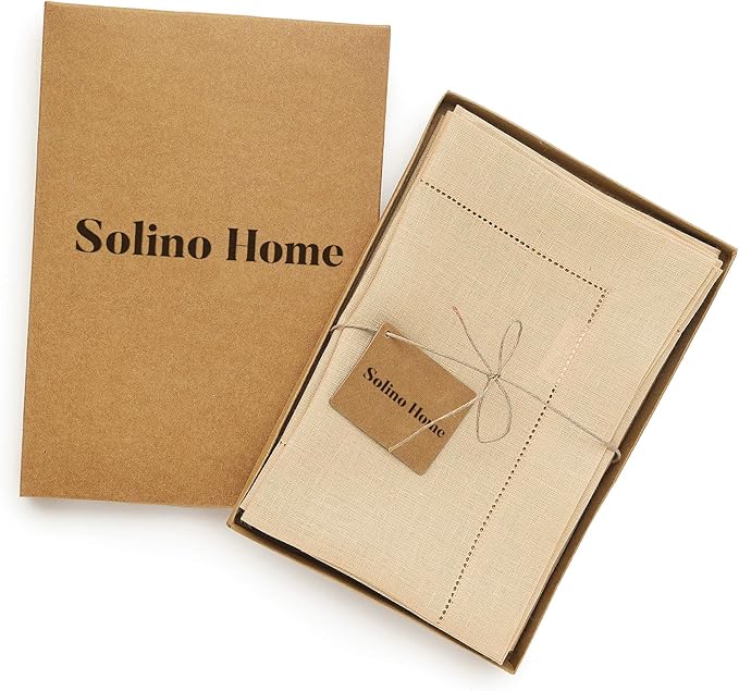 Solino Home Linen Cloth Napkins Set of 6-100% Pure Linen Beige Dinner Napkins 20 x 20 Inch - Classic Hemstitch, Handcrafted and Machine Washable