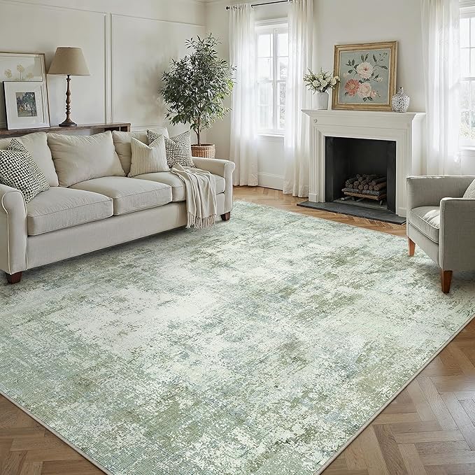 10x12 Washable Area Rug Sage Green Abstract Living Room Bedroom Carpet Neutral Modern Non-Slip Soft Low Pile Lightweight Vacuumable Large Throw Rug for Dining Room