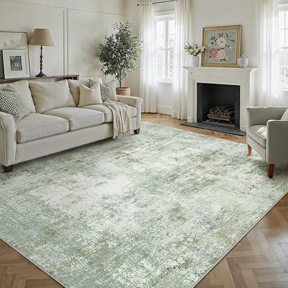 10x12 Washable Area Rug Sage Green Abstract Living Room Bedroom Carpet Neutral Modern Non-Slip Soft Low Pile Lightweight Vacuumable Large Throw Rug for Dining Room