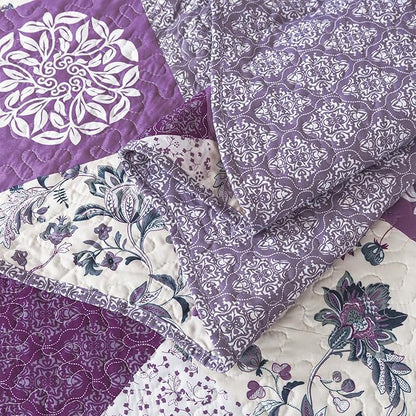 HoneiLife Queen Size Quilt Sets - 3 Pieces Queen Quilt Bedding Set Microfiber Quilt Set Lightweight Bedspreads Reversible Coverlets Retro Bed Cover Floral Bedding Set All Season Quilts-Beige & Purple