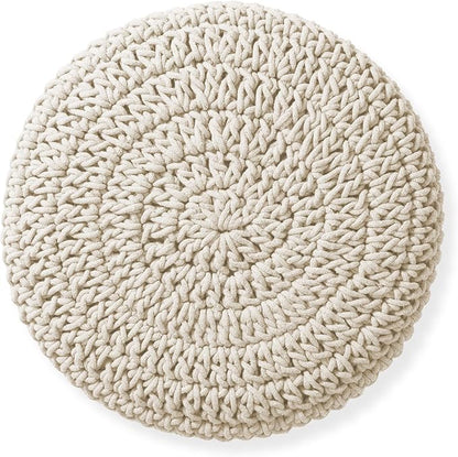 Casafield Pouf Ottoman Footstool, 13" Round x 11" High, Hand-Knitted Cotton Footrest, Non-Skid Wood Legs, Boho Foot Stool for Living Room, Bedroom (Natural)