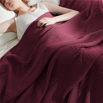 Bedsure Gentlesoft 100% Cotton Blanket Queen Size for Bed - Breathable and Soft, Thick Cozy Waffle Weave Christmas Blanket Gift for Women, Red, 90x90 Inches