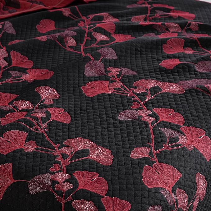 100% Cotton Muslin Jacquard 3 Piece Quilt Set Floral Ginkgo Leaf Print, Soft 3 Layers Gauze Bed Cover Reversible Bedspread Coverlet Breathable Lightweight Bedding Set, Queen