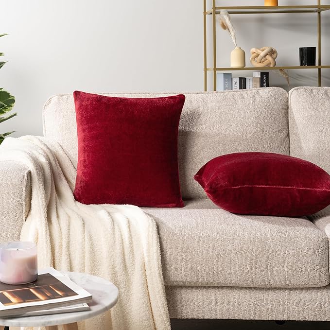 PAVILIA Maroon Red Throw Pillow Covers 18x18 Set of 2, Decorative Pillow Cases for Bed Sofa Couch, Boho Aesthetic Accent Decor Cushion Bedroom Living Room, Velvet Square Euro Sham Covers, Burgundy Red