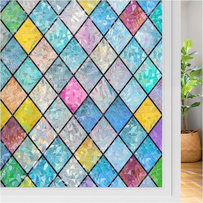 rabbitgoo Stained Glass Window Film Rainbow Film Decorative 3D Privacy Sticker Colorful Lattice Window Decals Cling, Sun Catcher Static Decals for Home 29.5" x 118.1"