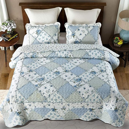 Oversized King Size Blue Floral Plaid Patchwork Quilt Set 128x120 Extra Wide Super King Size Rversible Quilted Bedspread Coverlet Set 3-Piece Comforter Bedding Set Bed Cover with 2 Pillow Shams