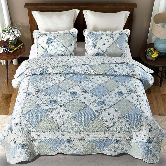 VIVILINEN Blue Floral Patchwork Quilt Set King Size Reversible Quilted Bedding Set with 2 Pillowcases