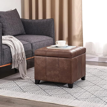 Adeco Faux Leather Storage Ottoman with Hinged Lid, 16 Inch High Vitage Brown Square Cube Foot Stool with Storage, Upholstered Vanity Stool with Solid Wood Legs for Living Room, Bedroom