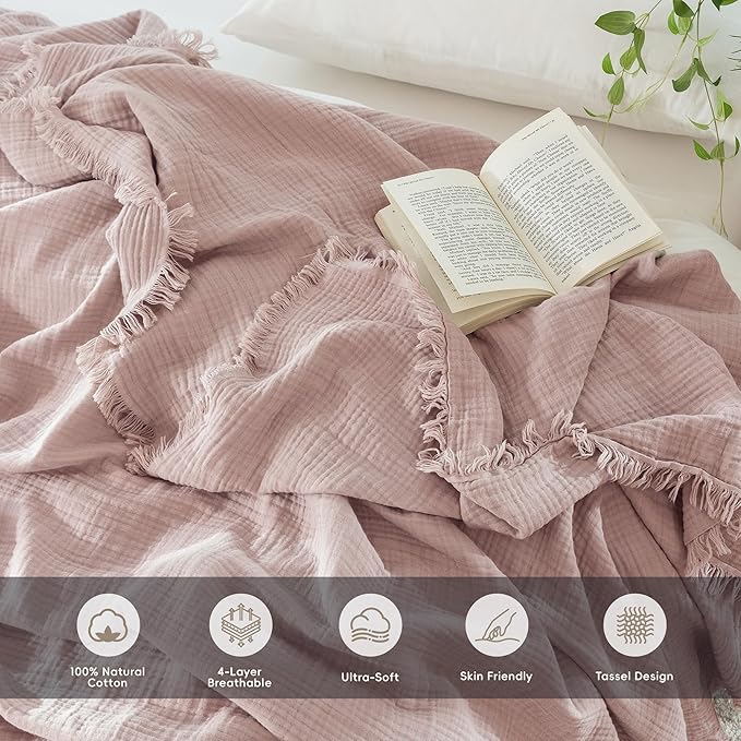 MooMee Muslin Blanket - 100% Cotton 4-Layer Gauze Throw Blanket with Tassels Ultra-Soft Breathable Lightweight Cooling for Bed Couch (Greyish Pink, Queen 90" x 90")