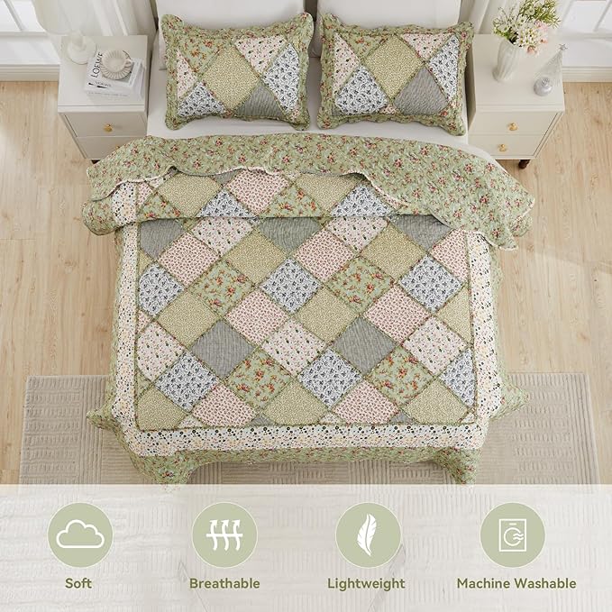 VIVILINEN Full Queen Size Green Patchwork Quilt Set Reversible Quilted Bedspread Coverlet Set 3-Piece Floral Lightweight Comforter Stitched Bedding Set Bed Sheet Set Cover Blanket with 2 Pillow Shams