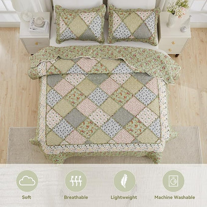 VIVILINEN Patchwork Quilt Set Reversible Quilted Bedspread Coverlet Set 3-Piece Floral Lightweight Comforter Stitched Bedding Set Bed Sheet Set for All Seasons(Green,Extra Wide Super King(128"x120"))