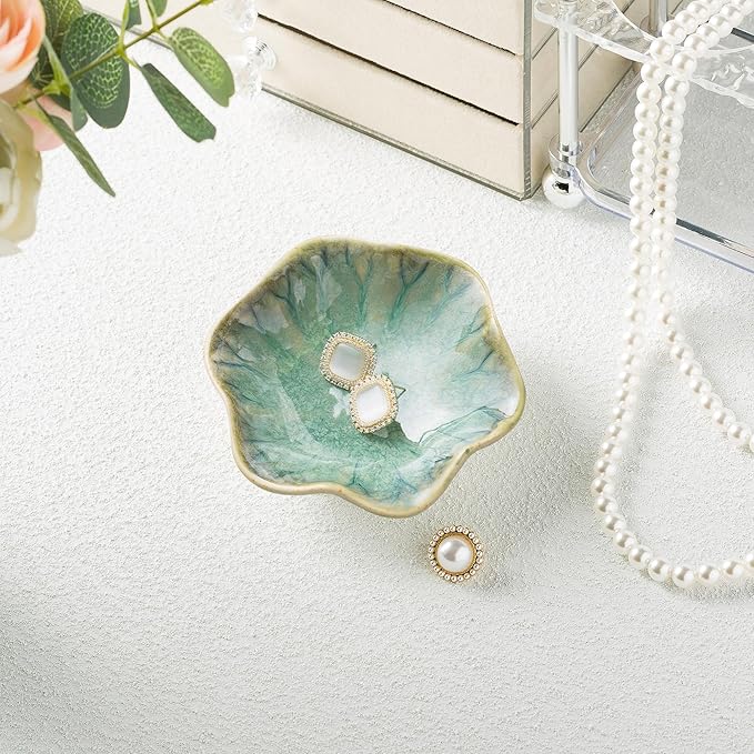 Ceramic Ring Dish, Jewelry Dish Holder, Small Trinket Tray Plate for Earrings Rings Necklaces Keys, for Mom Friend Sister, Retro Green