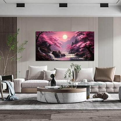 Landscape Wall Art for Living Room Bedroom Office Pink Wall Art Moon Lake Mountain Pictures Modern Artwork Framed Wall Decor Canvas Prints 24x48 In