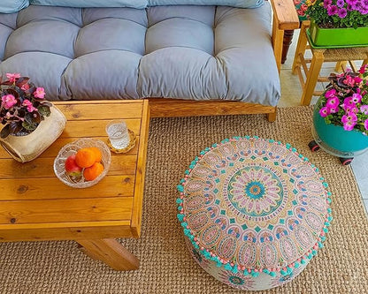 Mandala Life ART Moroccan Large Floor Pillow Cover with Tassels and Ponpon Bedroom Décor Round Pouf Ottoman Boho Chic Seating Area Beanbag Footstool Stool Cotton 24x8 Unstuffed