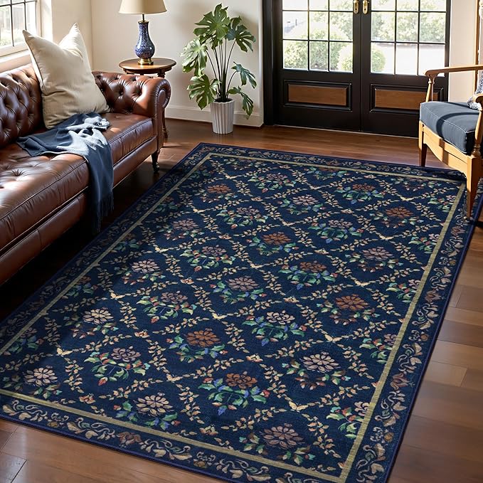 Tangsoo 5x7 Washable Area Rug, Non Slip Blue Floral Indoor Rug, Soft Low Pile Floor Carpet for Living Room, Bedroom, Dining Room, Pet & Child Friendly Room Decor, Easy to Clean