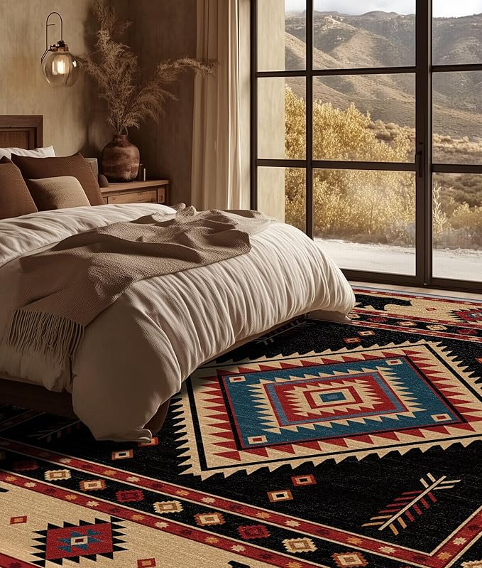 Southwest Rug 6x9 - Native American Bear Cabin Area Rugs for Living Room Bedroom, Rustic Geometric Machine Washable | Non-Slip | Soft Large Carpets, Western Room Decor (Red Tan Black)
