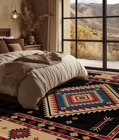 Southwest Rug 6x9 - Native American Bear Cabin Area Rugs for Living Room Bedroom, Rustic Geometric Machine Washable | Non-Slip | Soft Large Carpets, Western Room Decor (Red Tan Black)