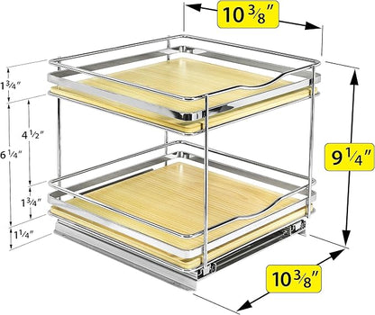 LYNK PROFESSIONAL® Élite™ Pull Out Spice Rack Organizer for Inside Kitchen Cabinets - 10-3/8 inch Wide - Slide Out Drawer – Wood/Chrome Sliding Spice Cabinet Organization Shelf Racks - 2 Tier