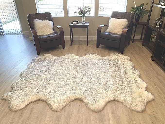 LAMBZY Faux Sheepskin Super Soft Hypoallergenic Silky Shag Rug for Living Room, Kids Room, Sofa (Octo 8 Pelts 6'x8', White/Black Tips)