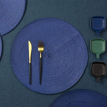 AHHFSMEI Round Braided Placemats 15 Inch Round Table Mats for Dining Tables Natural Woven Heat Resistant Place mats Set of 6 (Navy Blue)