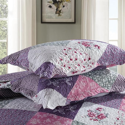 HoneiLife Quilt Set King Size - 3 Piece Microfiber Quilts Reversible Bedspreads Patchwork Coverlets Floral Bedding Set All Season Quilts-Little Rose,Purple