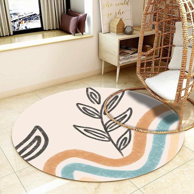 Mid-Century Round Area Rug, 3.3ft, Bohemian Washable Entryway Rug, Simple Modern Art Bedroom Rug, Non-Slip Soft Living Room Round Rug for Kids Room Home Office Decoration