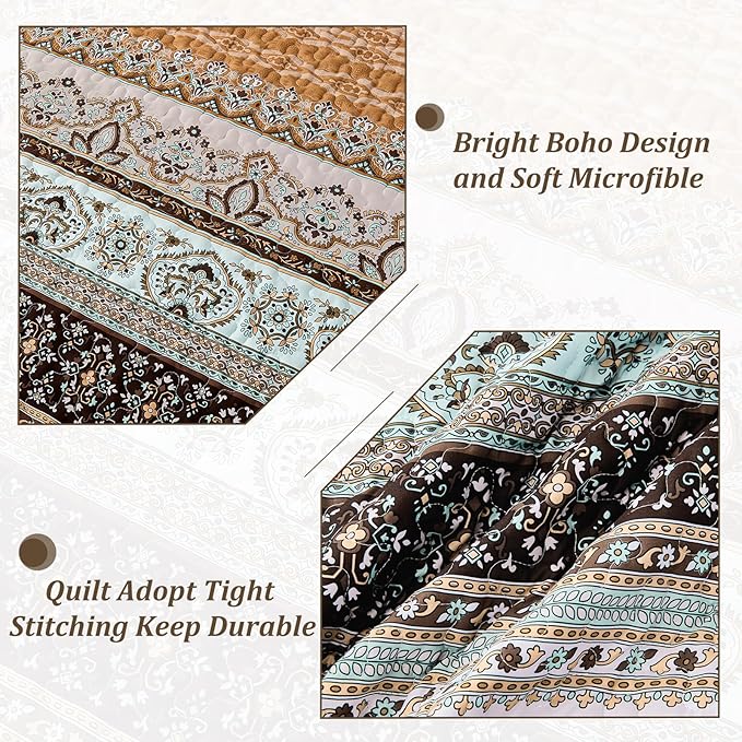 WONGS BEDDING Boho Fall Queen Quilt Set, Brown Bohemian Queen Quilt Bedding Set, Lightweight Microfiber Bed Decor Bedspread for All Season 96"x90"(3 Pieces)